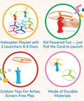 Skyrocopter Toy Helicopter shown with two launchers and eight colorful discs, emphasizing outdoor use and durable material.