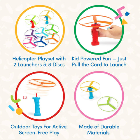 Skyrocopter Toy Helicopter shown with two launchers and eight colorful discs, emphasizing outdoor use and durable material.