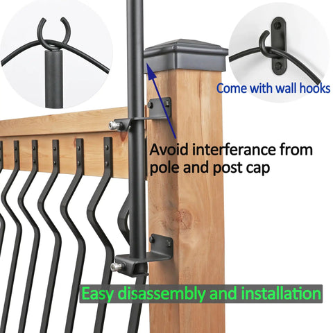 Two Pack Stainless Steel String Light Poles, 6.5 Ft Deck Lights Poles with wall hooks attached to wooden post