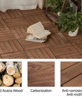 Interlocking Patio Deck Tiles 12x12 Inch Wood Floor Tiles Outdoor Flooring for Patio Garden Deck Poolside Brown All Weather Fir Wood PVC With Easy Snap Lock System No Hassle Setup Durable Exterior Flooring on a decorated patio with plants and books.