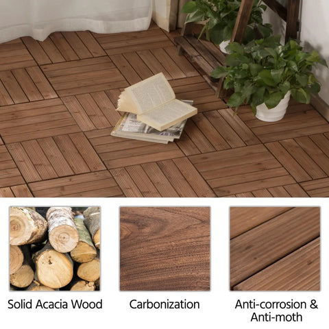 Interlocking Patio Deck Tiles 12x12 Inch Wood Floor Tiles Outdoor Flooring for Patio Garden Deck Poolside Brown All Weather Fir Wood PVC With Easy Snap Lock System No Hassle Setup Durable Exterior Flooring on a decorated patio with plants and books.