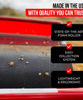 Close-up of 12 Inch Sticker Burr Roller Tool For Yard Cleanup Easy Push Away Goatheads and Grass Burs with foam roller and burrs.