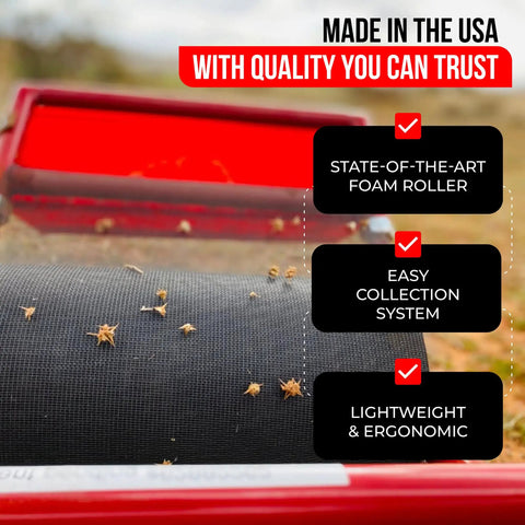 Close-up of 12 Inch Sticker Burr Roller Tool For Yard Cleanup Easy Push Away Goatheads and Grass Burs with foam roller and burrs.