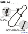 Duo-lock fishing snap, front view; stainless steel, size 0, 26 lb test, Shadock Fishing