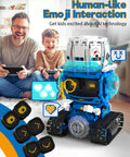 Five In One STEM RC Robot Building Kit With 494 Pieces App Coding Hands On Learning Toy For Ages 8 To 13 AI Interactive Robot With Expressive Eyes And Transformations From Snail To Tank Kid Friendly And Super Cool. blue robot with remote control