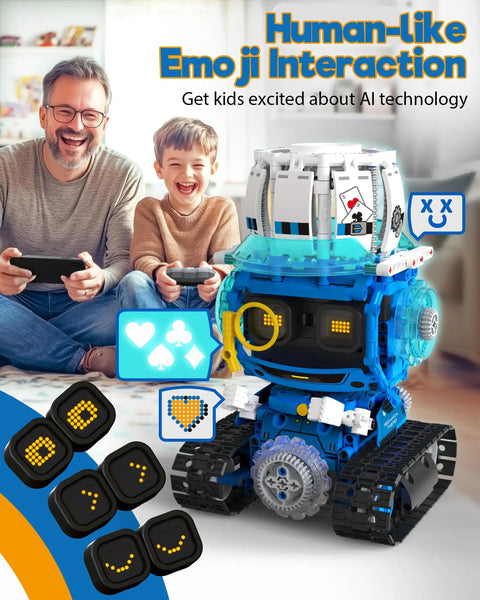 Five In One STEM RC Robot Building Kit With 494 Pieces App Coding Hands On Learning Toy For Ages 8 To 13 AI Interactive Robot With Expressive Eyes And Transformations From Snail To Tank Kid Friendly And Super Cool. blue robot with remote control