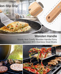 Stainless Steel Spatula Set 3 Piece For Griddle And BBQ, flipping omelet in pan, wooden handle detailed inset, grilling meats and vegetables on BBQ