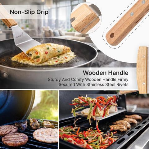Stainless Steel Spatula Set 3 Piece For Griddle And BBQ, flipping omelet in pan, wooden handle detailed inset, grilling meats and vegetables on BBQ