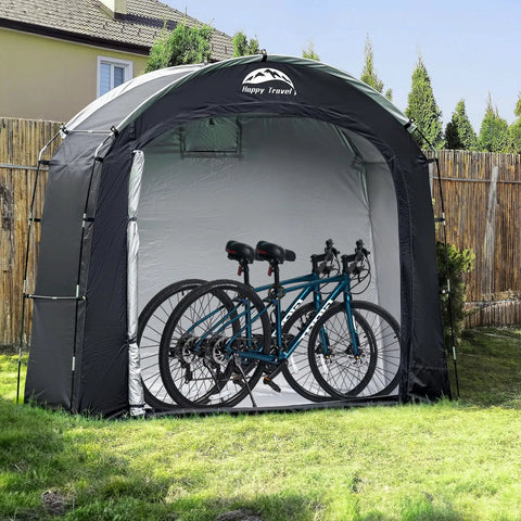 All Weather Outdoor Bike Storage Shed Tent Waterproof Portable Bicycle Cover with bikes inside, setup in a garden.