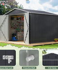 8x8 Ft Outdoor Metal Storage Shed With Lockable Doors Updated Frame Structure Large Garden Tool Storage For Backyard Patio Lawn Black Weather Resistant Heavy Duty Steel Construction Easy Assembly For Long Lasting Outdoor Use; shed with open doors displaying organized tools and secured lock.