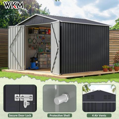 8x8 Ft Outdoor Metal Storage Shed With Lockable Doors Updated Frame Structure Large Garden Tool Storage For Backyard Patio Lawn Black Weather Resistant Heavy Duty Steel Construction Easy Assembly For Long Lasting Outdoor Use; shed with open doors displaying organized tools and secured lock.