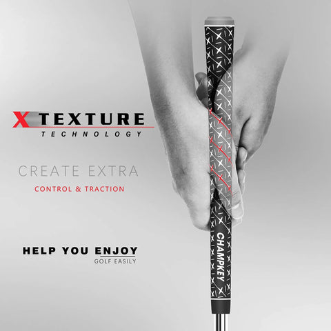 Thirteen Rubber Golf Grips Set With Solvent, Hook Blade, Vise Clamp And 15 Tapes For Easy Regrip, Standard To Midsize, 10.5 Inch Grips, 0.600 Core, 60 g To 72 g, Soft Rubber Feel For Smooth Swings And Consistent Feedback, Black Repair Kit Included. Black Champkey golf grip with X texture held in hand