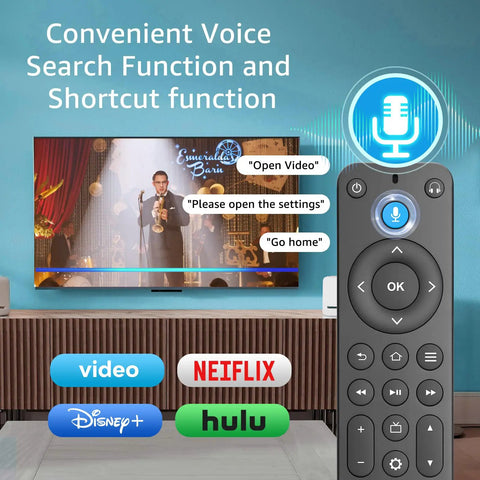 Voice Remote Replacement For Fire Stick And Fire TV Smart TVs 4K Max 4K And Cube Generations with streaming shortcuts, microphone icon.