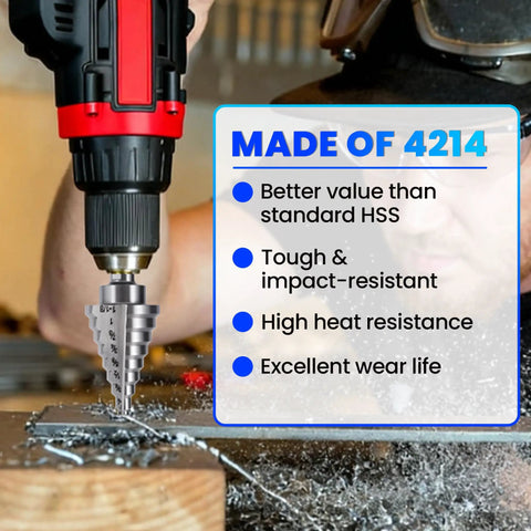 4241 HSS Step Drill Bit Three Sixteenth To One And One Eighth Inches Pro Grade drilling into metal surface with power drill