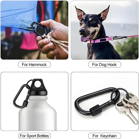 4 Pack Aluminum Alloy Carabiners with Locking Gate, used as hammock clip, dog hook, sport bottle holder, and keychain