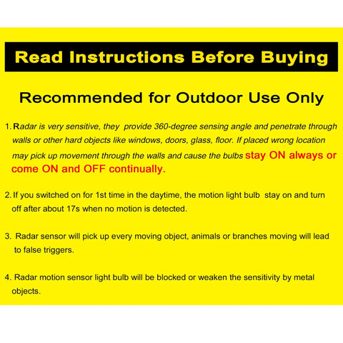 Radar Motion Sensor LED Flood Bulb Outdoor Use 15W 5000K Daylight PAR38 E26 Base 1500LM Dusk To Dawn 100W Equivalent 360 Degree Motion Detection Wide Coverage 2 Pack instructions poster