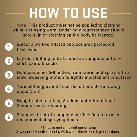 Instructions for using Permethrin Clothing And Gear Insect Repellent Spray For Nets Tents Sleeping Bags And Backpacks 6.5 Ounce