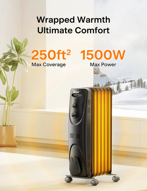 Big Room Electric Oil Filled Radiator Heater With Dual Knobs 1500W Fast Heat Quiet Space Heater shown in living room