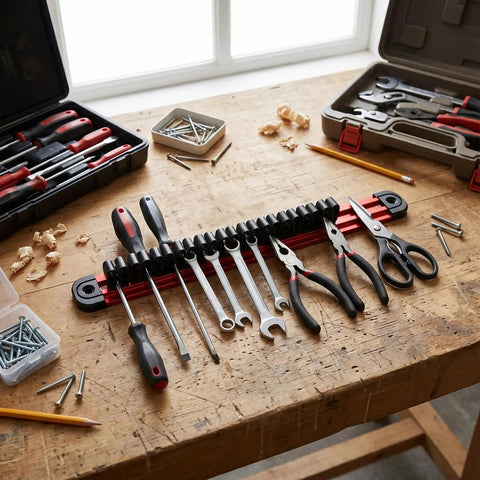Magnetic Screwdriver Organizer And Tool Holder Wall Mount With Strip Aluminum Alloy Magnetic Tool Rack Heavy Duty displayed on workbench