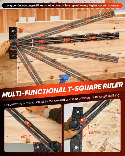 4 In 1 Scriber Marking Line Ruler 29.5 Inch Spliceable Extended T Square For DIY Woodworking shown with adjustable angles.