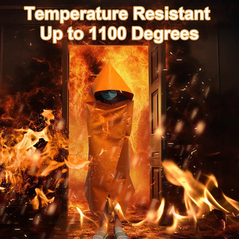 Person wearing Fireproof Cloak For Home And Office Emergency Use Extra Large Glass Fiber Fire Escape Cape With Silicone Coating Heat Resistant Hooded Fire Blanket Suit Household Safety Gear Orange 63 By 56 Inches, surrounded by flames