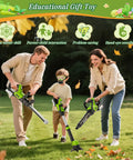 Family playing with 3 In 1 Toddler Power Garden Tools Set With Realistic Sounds And Lights, Includes Toy Weed Wacker, Leaf Blower And Hedge Trimmer
