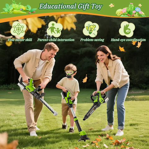 Family playing with 3 In 1 Toddler Power Garden Tools Set With Realistic Sounds And Lights, Includes Toy Weed Wacker, Leaf Blower And Hedge Trimmer
