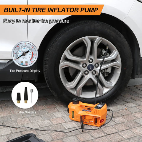 5 Ton 12V Electric Car Jack Kit With Portable Wrench And Tire Inflator Pump, LED Work Light And Warning Light, 4 In 1 Emergency Tire Change For SUV MPV Sedan, Garage Repair, Compact Yet Powerful