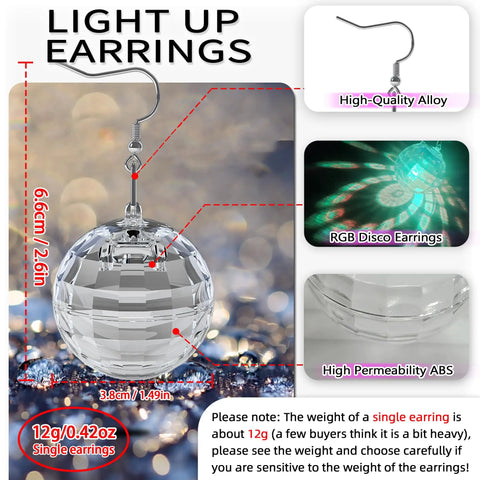Disco Ball LED Earrings With 16 Color Modes, Rechargeable Light Up Earrings highlighted with size and material details