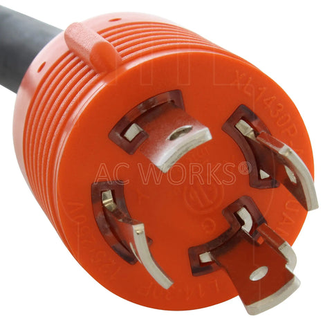 Close-up of L14-30P to CS6364 50A Locking Plug Transfer Adapter With 10ft SOOW Cable, showing orange plug connector.