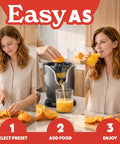 Gourmia Automatic Citrus Juicer One-Touch Operation Compact Electric Extractor in use with oranges, pouring juice into glass.
