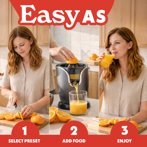 Gourmia Automatic Citrus Juicer One-Touch Operation Compact Electric Extractor in use with oranges, pouring juice into glass.