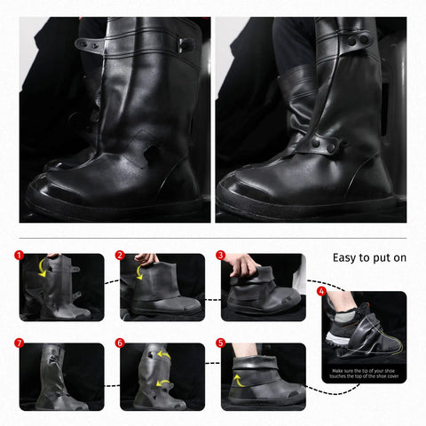 Heavy Duty Waterproof Shoe Covers Overshoes For Men And Women PVC Seamless Rain Boots Slips Resistant Soles Easy To Clean Durable Overshoe Covers For Motorcycle Work Outdoor Black XL, shown in a step-by-step guide for easy wearing.