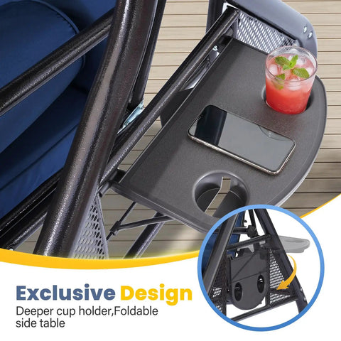 Three Seat Outdoor Porch Swing With Adjustable Canopy Converts To Bed Two In One Patio Swing And Lounge With Thick Cushions Pillows And Cup Holders For Porch Backyard And Garden Blue with cup holder and side table