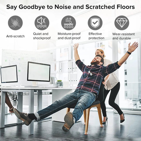 Man sliding on chair with 24 Pack Upgraded Silicone Chair Leg Protectors For Hardwood Floors, enjoying anti-noise and anti-scratch benefits.