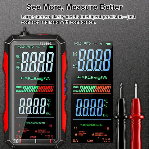 Beast Mode Upgraded Digital Multimeter With Color Screen USB C 16 Piece Silicone Test Leads Kit front view with screen display