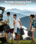 Heavy Duty Portable Collapsible Stool With Wide Seat used by campers with mountain view in background, showing carrying ease