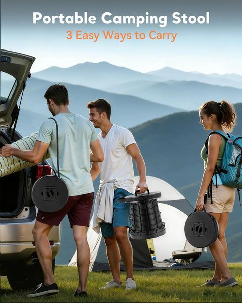 Heavy Duty Portable Collapsible Stool With Wide Seat used by campers with mountain view in background, showing carrying ease