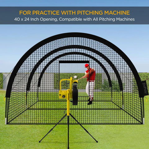 Backyard Portable Batting Cage Net For Baseball And Softball, Pop Up Cage 22 Ft By 12 Ft By 8 Ft, Pitching Machine Hole shown