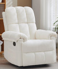 Beige Chenille Swivel Rocker Recliner For Adults In Small Spaces in a cozy living room setting, highlighting upholstery.