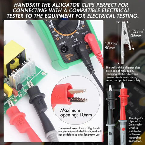 Heavy Duty Electrical Multimeter Test Leads Kit With Alligator Clips, Hooks And Probes, 1000V CAT II, 10A, close-up of clips and leads