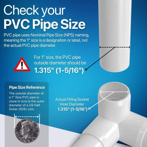 Diagram illustrating pipe size reference for DIY Ready 3 Way Elbow PVC Fitting for Furniture Grade Builds, White, 1.315 Inch Diameter.