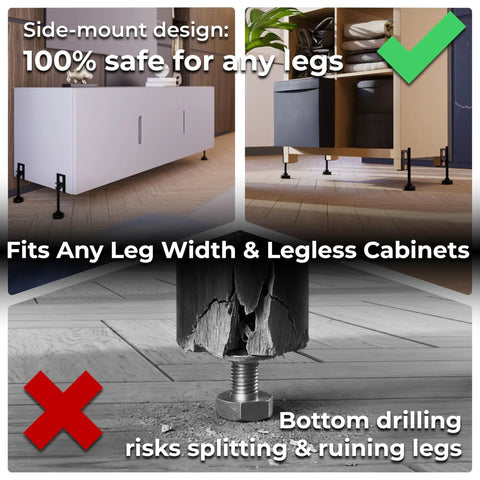 Built Tough L Shaped Furniture Leveling Feet, side-mount design comparison, 4 pack, adjustable height, 330 lbs per foot capacity.