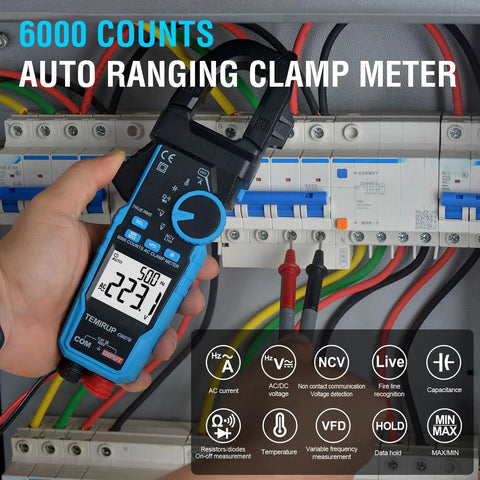 All In One Handy Clamp Meter Multimeter With Auto Ranging 6000 Counts True RMS in use with electrical panel