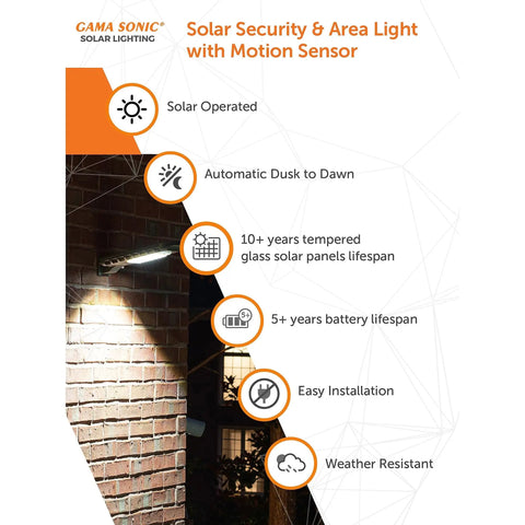 6 Watt Outdoor Solar Area Light With PIR Motion Sensor And Timer Bright White Security Light For Commercial Off Grid Industrial Use Waterproof Dark Grey Finish mounted on a brick wall