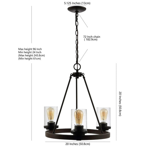 Dimensions of Oil Rubbed Bronze 20 Inch Three Light Rustic Farmhouse LED Chandelier With Wagon Wheel Design