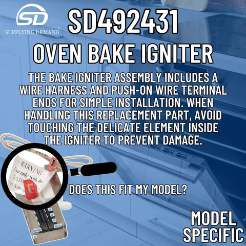 Gas Range Igniter Replacement For Specific Models Only Not Universal Fits Your Stove 115V 3.2 To 3.6 Amp With Alternate Part Numbers AP3674290 00610098 1107469 487383 492431, wire harness and terminals shown.