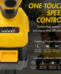 Wagan Onevolt 3-in-1 Cordless Electric Power Tool With Brushless Motor And 280 Ft-Lbs Torque speed control settings displayed.