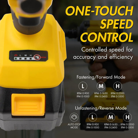 Wagan Onevolt 3-in-1 Cordless Electric Power Tool With Brushless Motor And 280 Ft-Lbs Torque speed control settings displayed.