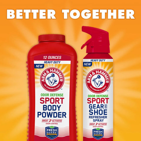 Sport Gear And Shoe Refresher Spray Heavy Duty Odor Defense For Gym Bags And Footwear Deodorizer For Boxing Gloves Hockey Pads Cleats Skates And Helmets With Fresh Guard Baking Soda Formula 6.7 Oz, spray bottle beside powder container